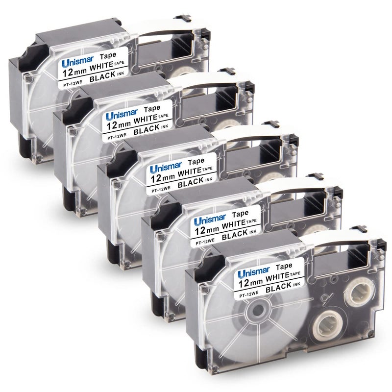 Unismar Replacement for Casio XR-12WE 12mm Black on White Label Tape for Casio KL60 KL-100 KL120 KL-750 KL-780 KL-G2 KL-1500 KL-2000 KL-7000 KL-7200 KL-130 KL-820 EZ Label Maker, 1/2" x 26.2', 5-Pack - Image 1